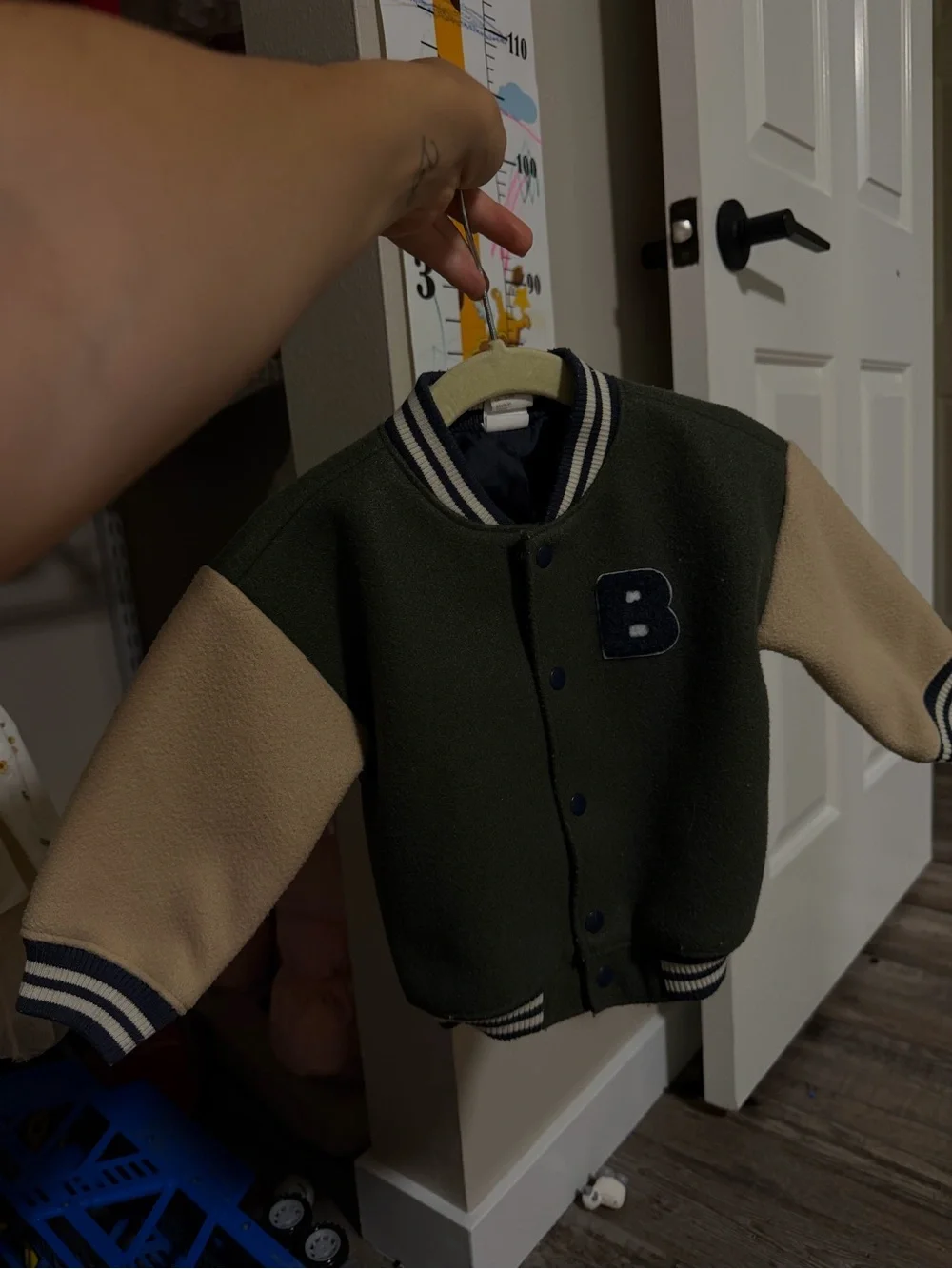 H&M Olive Green & Cream Kids Letterman Jacket with 'B' Patch